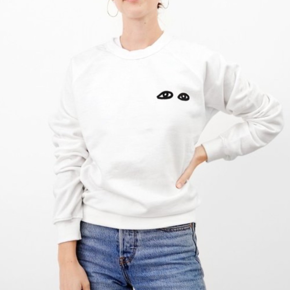 XL Clare V Vivier White crew neck classic sweatshirt eyes logo